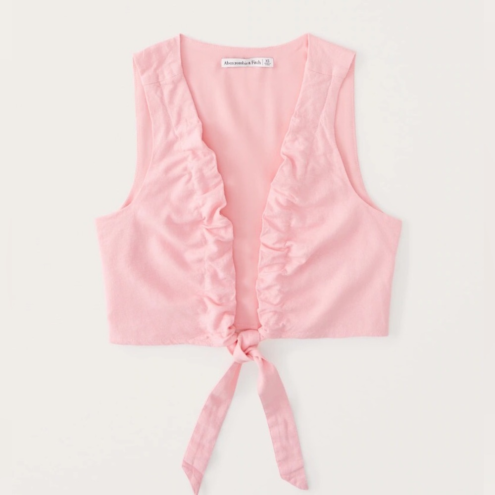 Abercrombie & fitch cropped tie front linen blend pink large
